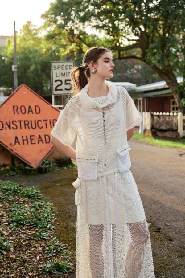 網格抽繩鍊上衣