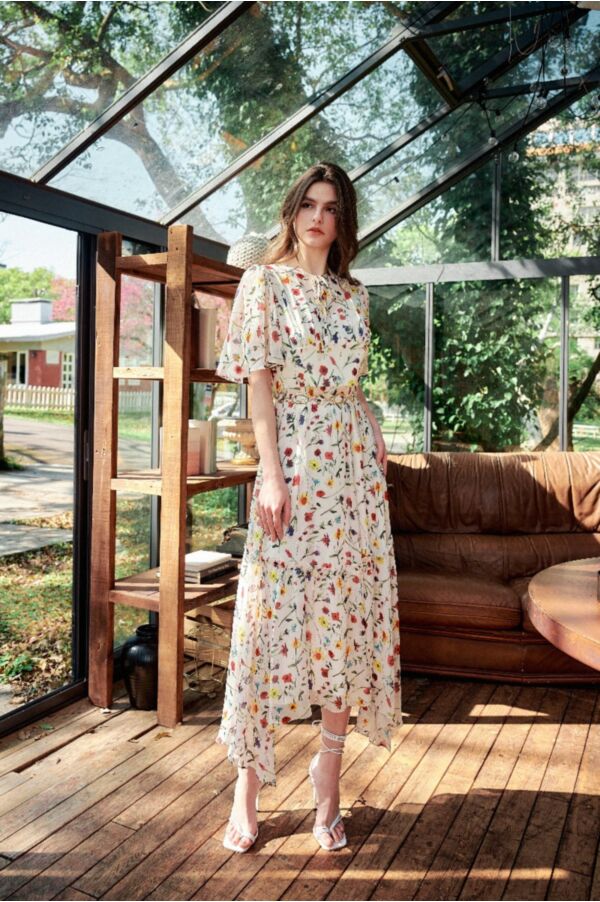 小花印花綁帶洋裝